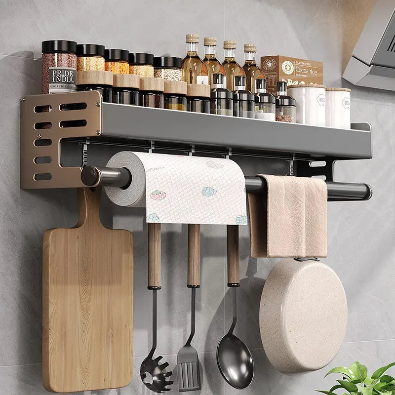 Gunmetal Kitchen Storage Rack – No-Drill Wall Mounted Space Aluminum Organizer for Spices & Knives