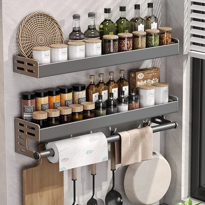 Gunmetal Kitchen Storage Rack – No-Drill Wall Mounted Space Aluminum Organizer for Spices & Knives