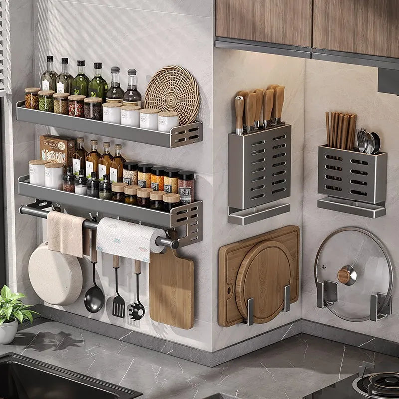 Gunmetal Kitchen Storage Rack – No-Drill Wall Mounted Space Aluminum Organizer for Spices & Knives