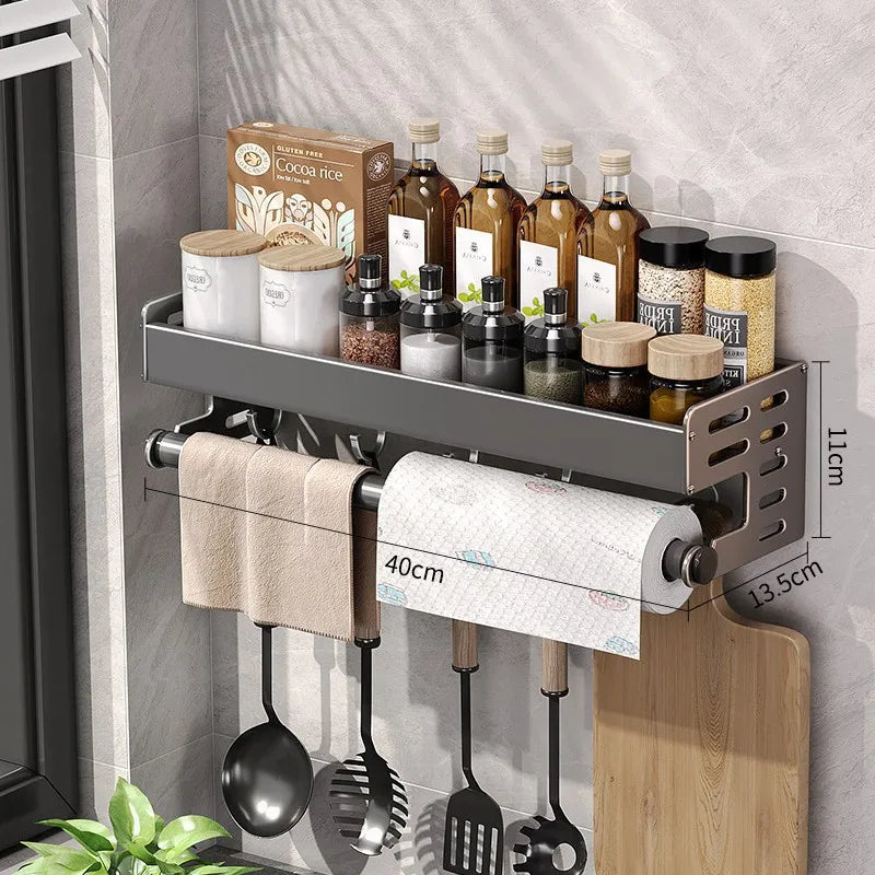 Gunmetal Kitchen Storage Rack – No-Drill Wall Mounted Space Aluminum Organizer for Spices & Knives