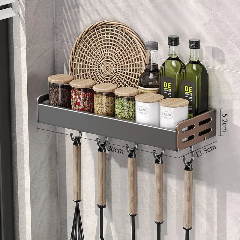 Gunmetal Kitchen Storage Rack – No-Drill Wall Mounted Space Aluminum Organizer for Spices & Knives