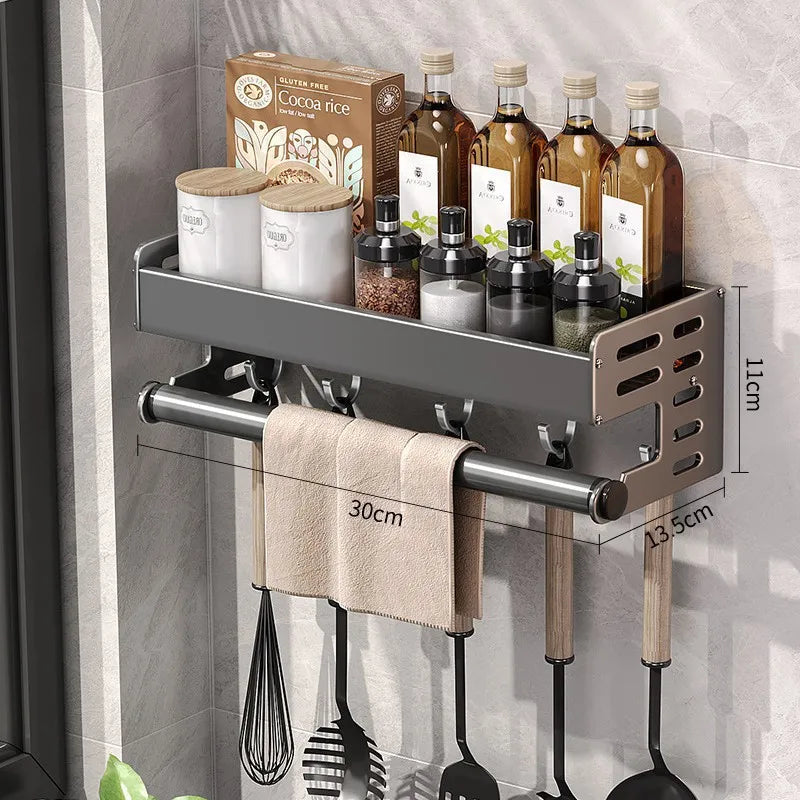 Gunmetal Kitchen Storage Rack – No-Drill Wall Mounted Space Aluminum Organizer for Spices & Knives