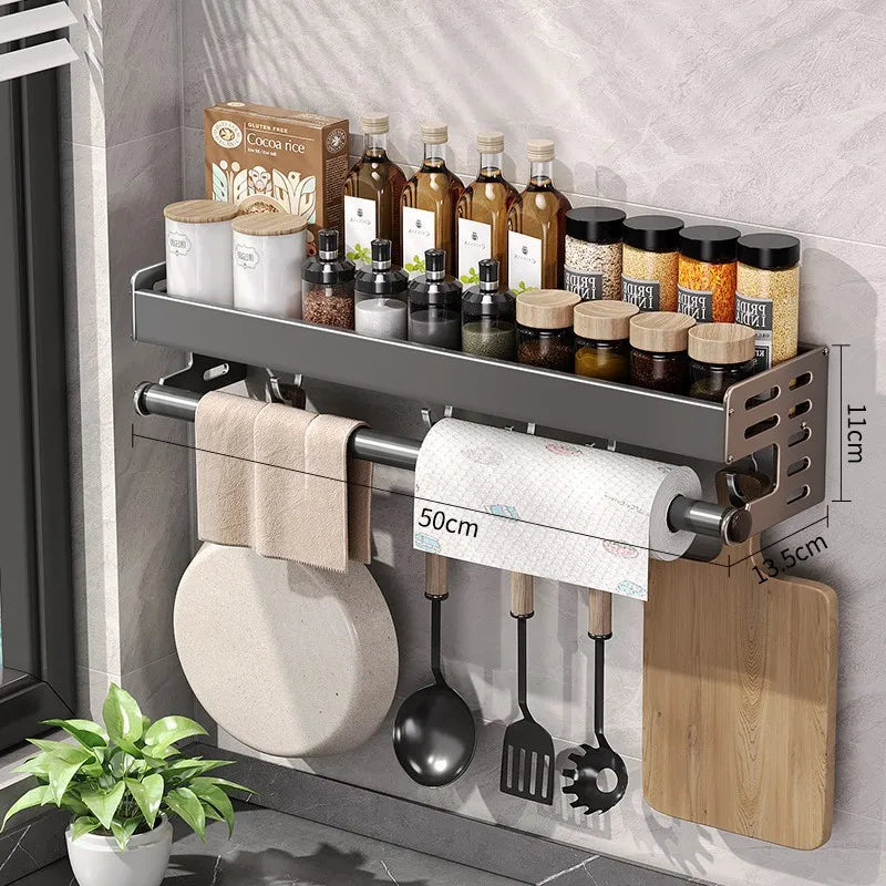 Gunmetal Kitchen Storage Rack – No-Drill Wall Mounted Space Aluminum Organizer for Spices & Knives